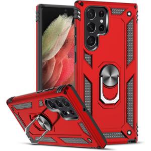 Armor Hybrid Military Case with Ring Kickstand For Samsung Galaxy S22 Ultra - Red