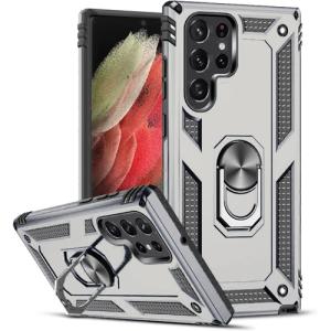 Armor Hybrid Military Case with Ring Kickstand For Samsung Galaxy S22 Ultra - Silver