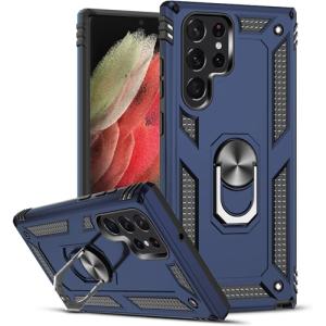 Armor Hybrid Military Case with Ring Kickstand For Samsung Galaxy S22 Ultra - Navy Blue