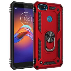 Armor Hybrid Military Case with Ring Kickstand for Moto E6 Play - Red