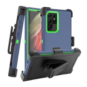 Triple Layer Protection Case & Belt Clip for Samsung Galaxy S22 Ultra - Navy Blue - Green Line