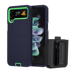Triple Layer Protection Case & Belt Clip for Samsung Galaxy Z Flip 4 - Navy Blue - Green Line